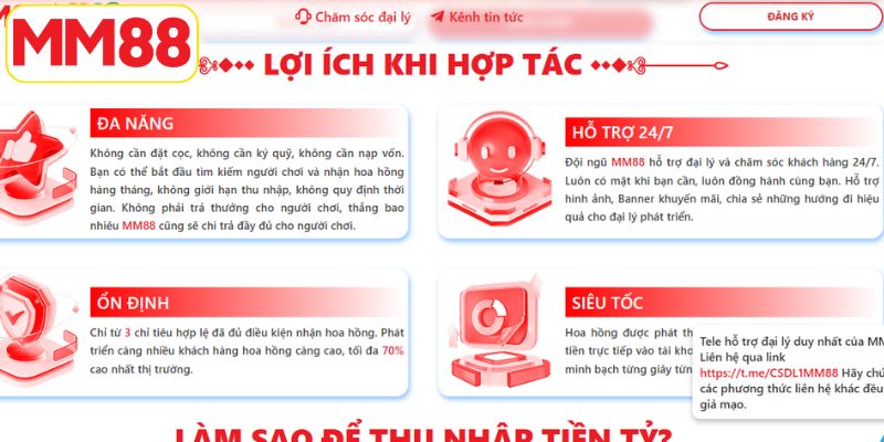 Đại Lý MM88 - Hợp Tác Nhận Hoa Hồng Vuýp Lên Đến 70% 4 Đại lý MM88 không cần phải đặt cọc hay ký quỹ khi hợp tác